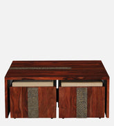 Shanti Surprise Sheesham Wood Nesting Coffee Table Set ( 4 Stools ) In Scratch Resistant Honey Oak Finish With Brass Cladding